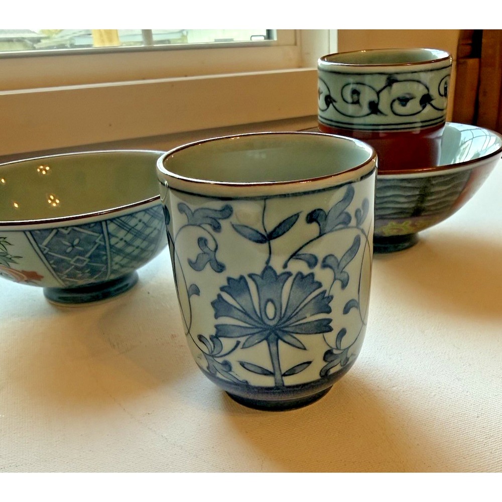 Yunomi Tea Cup & Rice Bowl Set VTG Arita Ware Orchid Kiln 10 Pc Japan Signed - Picture 6 of 16